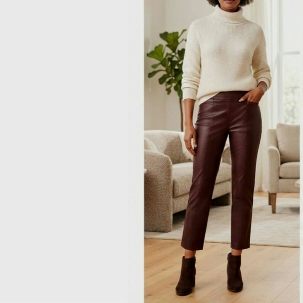 Chico's NWT Cherry Faux Leather Crop Straight Leg Pullon Pants 4 brown